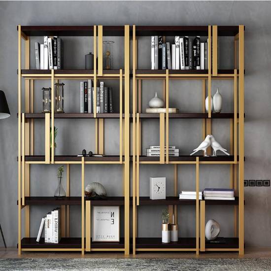 Picture of Modern Gold Stainless Steel Floor Bookshelf and Display Cabinet with Solid Wood Shelves