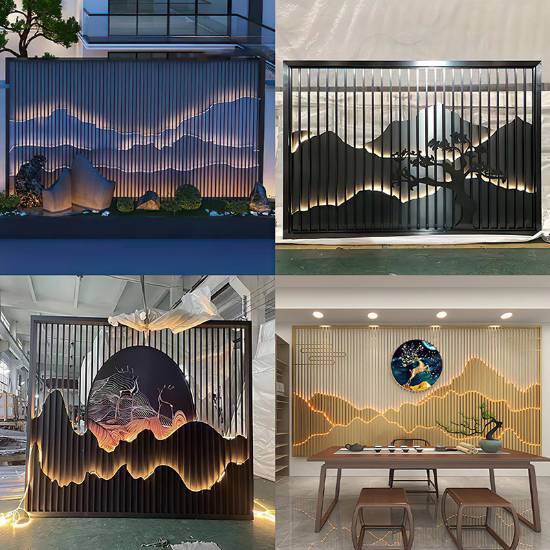 Picture of Stainless Steel Rockery Landscape Screen with LED Strip, Titanium Gold or Antique Brass