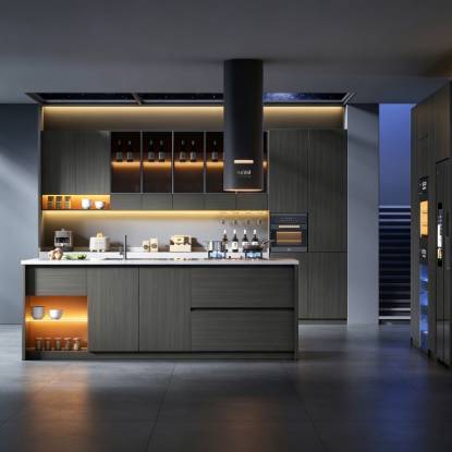 Picture of Custom Stainless Steel Modern Minimalist Kitchen, Dark Grey Timber Grain Island Bench