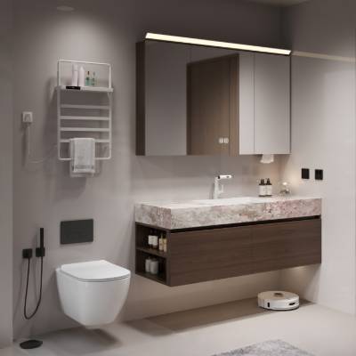 Mid-Century Stainless Steel Vanity, Travertine Look Sintered Stone Top, Integrated Basin