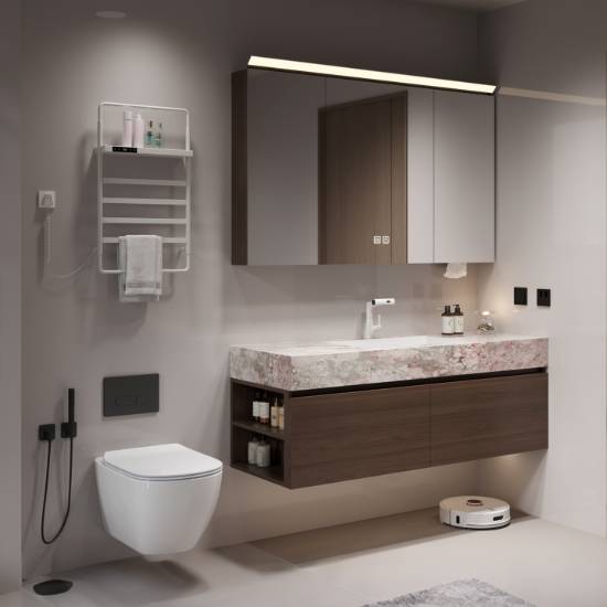 Picture of Mid-Century Stainless Steel Vanity, Travertine Look Sintered Stone Top, Integrated Basin