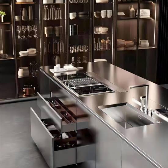 Picture of Italian Minimalist Stainless Steel Kitchen Cabinets with Open Glass Tall Storage Unit