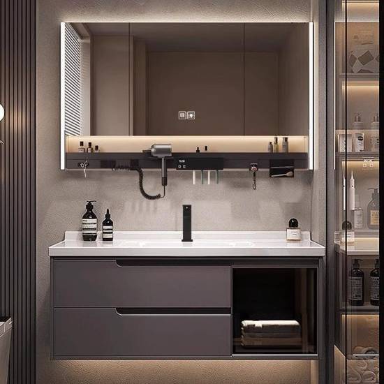 Picture of Customisable Stainless Steel Bathroom Vanity with Mirror Cabinet and Integrated Ceramic Basin
