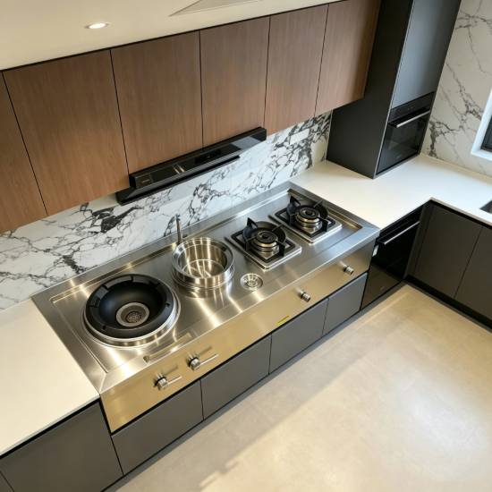 Picture of Stainless Steel Double Burner High Flame Wok Cooktop with Fan, Natural Gas, Energy Saving