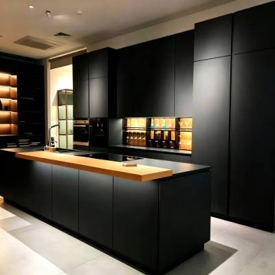 Italian Minimalist Matte Black Stainless Steel Kitchen Cabinets with Island Bench