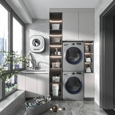 Custom Stainless Steel Laundry Cabinet with Washing Machine Space and High-Low Tub