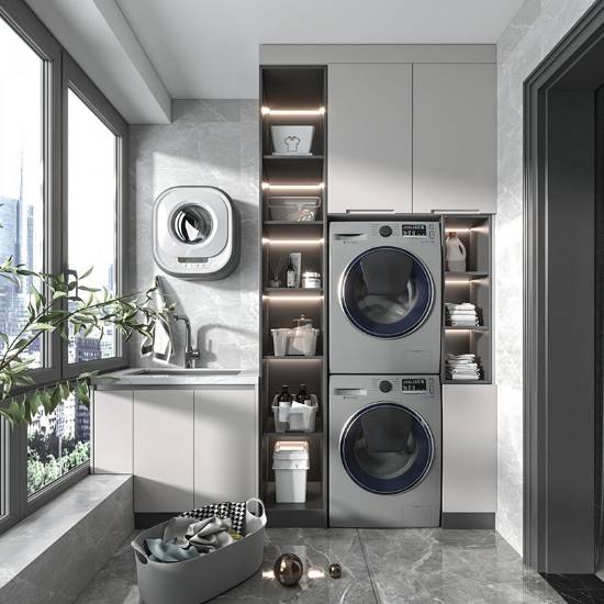Picture of Custom Stainless Steel Laundry Cabinet with Washing Machine Space and High-Low Tub
