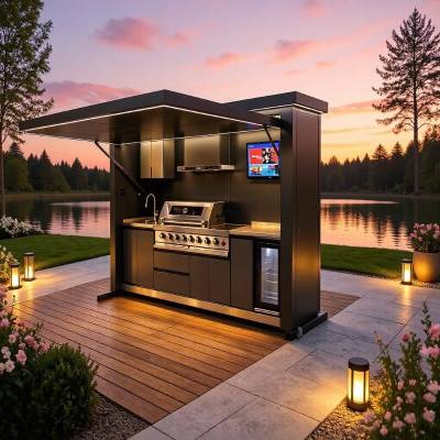 304 Stainless Steel Modern Open Kitchen Cabinet, Foldable Multifunctional Cooking Unit