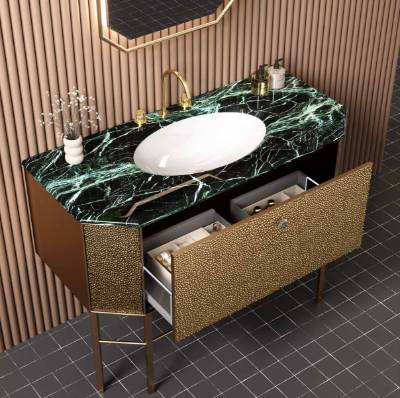 Mid-Century Painted Stainless Steel Vanity, Sintered Stone Top, Ceramic Double Basin