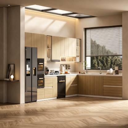 Picture of Customisable Wood-Look Stainless Steel Kitchen Cabinets, Modern L-Shaped with Quartz Stone Benchtop