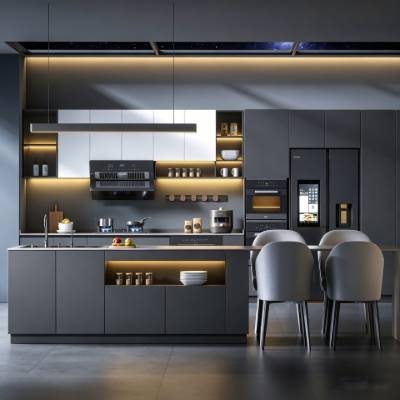 Modern Minimalist Dark Grey L-Shaped Open Kitchen Cabinets with Island Bench