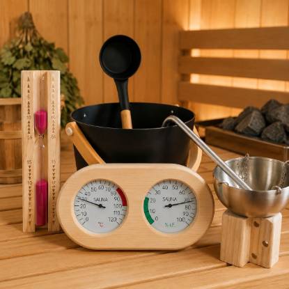 Picture of Sauna Accessory Set, Black Sauna Bucket, Aroma Bowl, Pine Thermo-Hygrometer and Hourglass