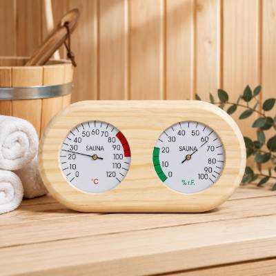 Sauna Thermo-Hygrometer, Timber Dual Dial Thermometer and Hygrometer, Sauna Accessory
