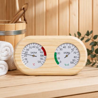 Picture of Sauna Thermo-Hygrometer, Timber Dual Dial Thermometer and Hygrometer, Sauna Accessory