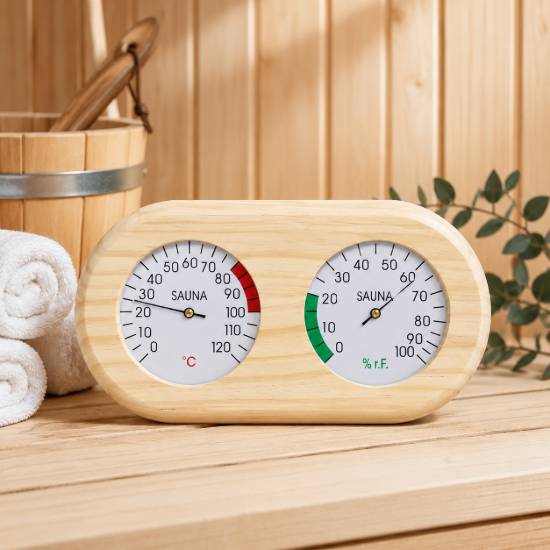 Picture of Sauna Thermo-Hygrometer, Timber Dual Dial Thermometer and Hygrometer, Sauna Accessory
