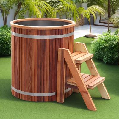 Caisheng Round Sauna Cold Plunge Tub, 304 Stainless Steel, Red Cedar Skirt, Customisable