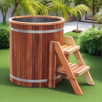 Picture of Caisheng Round Sauna Cold Plunge Tub, 304 Stainless Steel, Red Cedar Skirt, Customisable