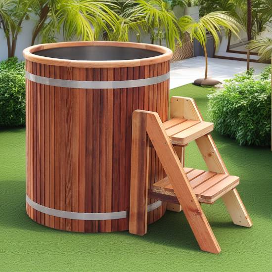 Picture of Caisheng Round Sauna Cold Plunge Tub, 304 Stainless Steel, Red Cedar Skirt, Customisable