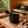 Picture of Black Aluminium Sauna Bucket with Wooden Ladle, Nordic Finnish Sauna Accessory, High-Temperature Resistant