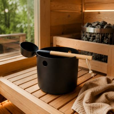 Black Aluminium Sauna Bucket with Wooden Ladle, Nordic Finnish Sauna Accessory, High-Temperature Resistant