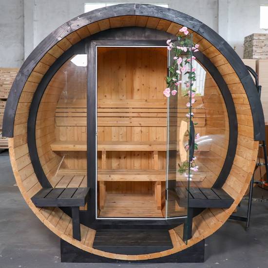 Picture of Caisheng Outdoor Carbonised Spruce Round Barrel Sauna, Traditional Steam Sauna
