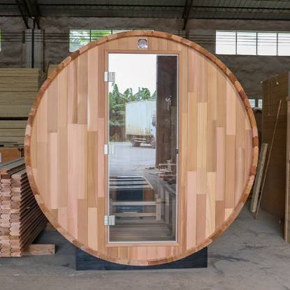 Picture of Outdoor Red Cedar Round Barrel Dry Sauna, Traditional Wellness Sauna Cabin