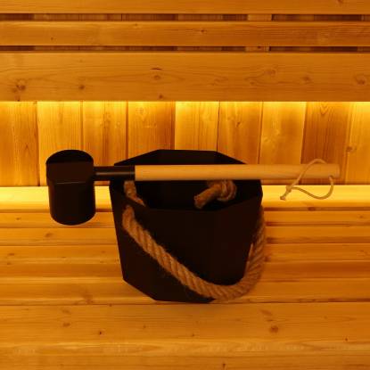 Picture of Black Octagonal Aluminium Sauna Bucket and Ladle Set with Long Wooden Handle