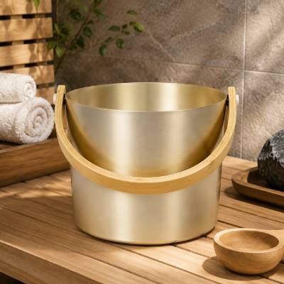 Sauna Aluminium Bucket 7L, Rust-Proof Coated, Heat Resistant, with Bamboo Long Handle Ladle