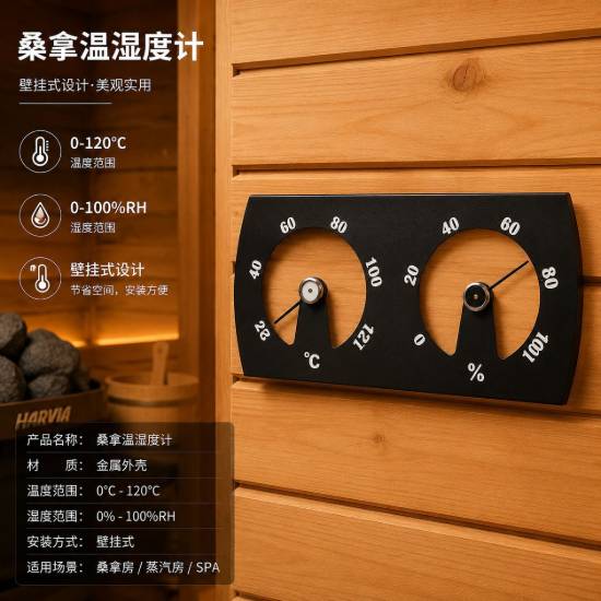 Picture of Wall-Mounted High-Temperature Thermo-Hygrometer, Dual Dial for Sauna and Steam Rooms