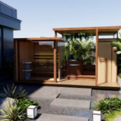 Picture of Customisable Outdoor Multifunctional Sauna Cabin with Changing Room and Ice Bath, Dry Sauna, Carbonised Spruce