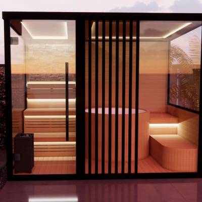 Outdoor Panoramic Glass Sauna, Red Cedar or Hemlock Dry and Steam Room, Custom