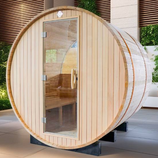 Picture of Outdoor Red Cedar Round Barrel Dry Sauna, Traditional Wellness Sauna Cabin