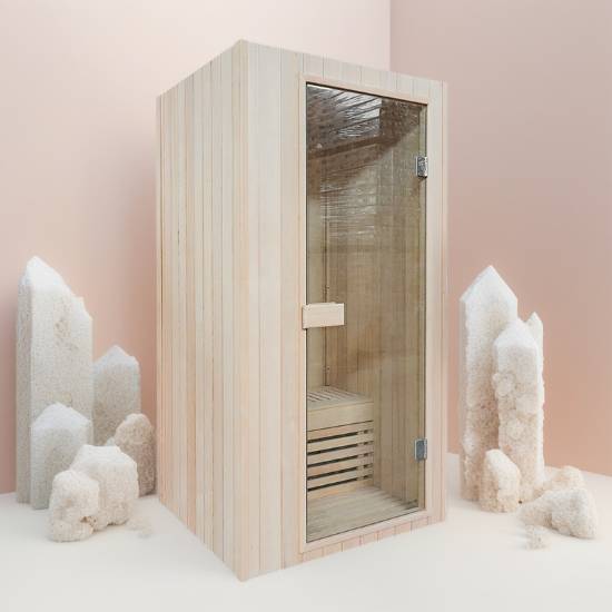 Picture of Customisable 1m² Indoor Single-Person Traditional Dry Sauna Room with Auto Water Sprinkle Heater, Hemlock
