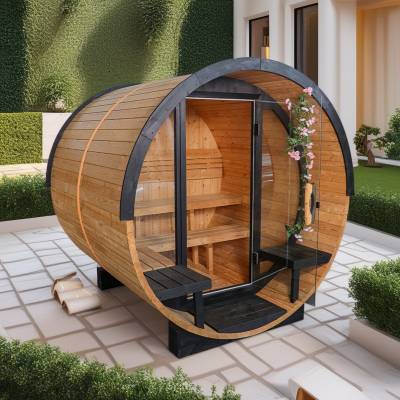 Portable Outdoor Carbonised Spruce Round Sauna Cabin, Movable Wooden Hut for B&B