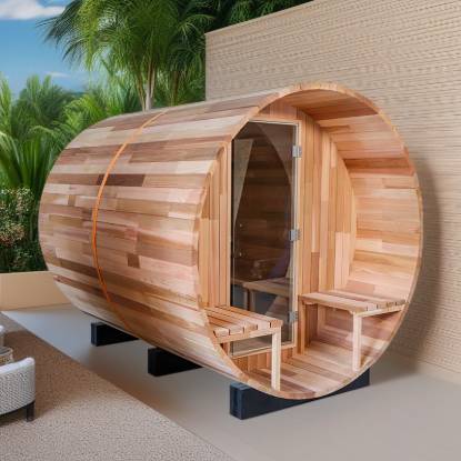 Picture of Caisheng Outdoor Red Cedar Round Barrel Sauna, Traditional Dry Steam Cabin