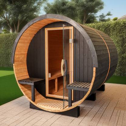 Picture of Custom White Pine Spruce Outdoor Barrel Sauna Cabin for Hotels, Villas and Guesthouses