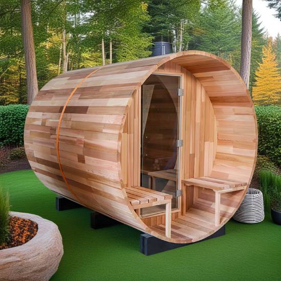 Picture of Caisheng Outdoor Red Cedar Round Barrel Sauna, Traditional Dry Steam Cabin