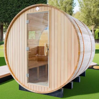 Picture of Outdoor Red Cedar Round Barrel Dry Sauna, Traditional Wellness Sauna Cabin