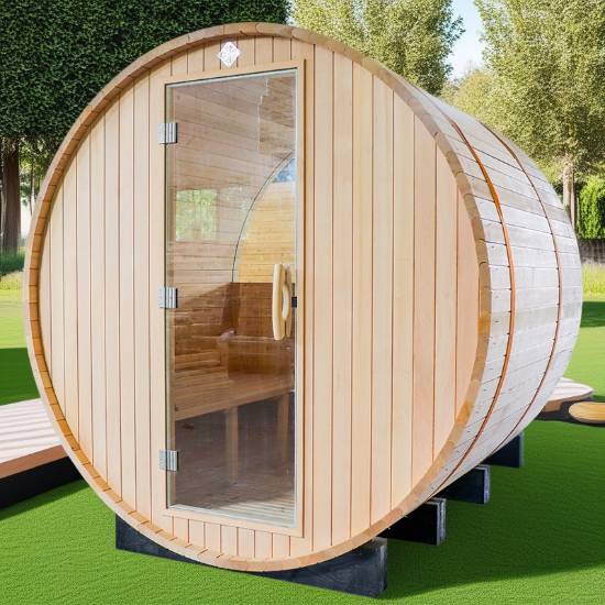 Picture of Outdoor Red Cedar Round Barrel Dry Sauna, Traditional Wellness Sauna Cabin