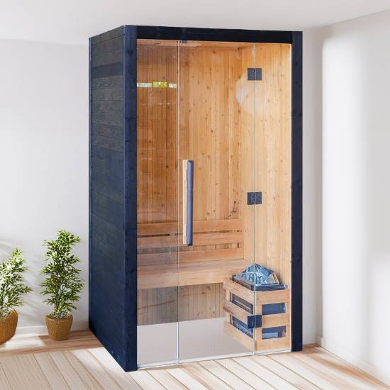 Picture of Indoor 2-Person Carbonised Spruce Traditional Sauna Room with 3kW Heater, for Beauty Salons