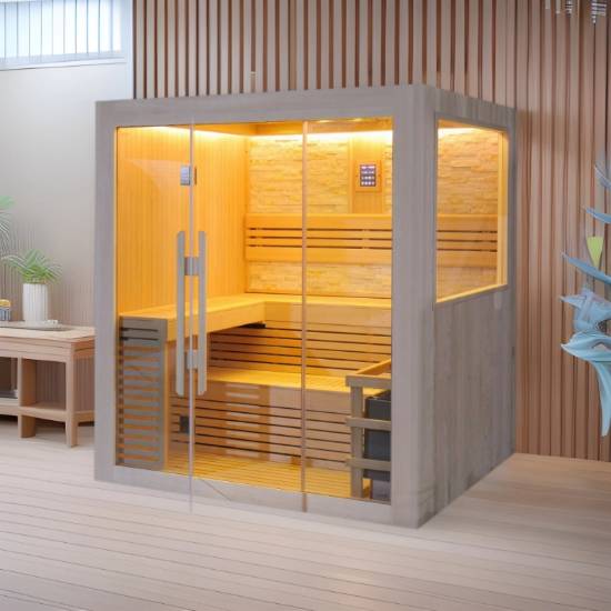 Picture of 6-8 Person Indoor Hemlock or Redwood Traditional Sauna with Cultured Stone Feature