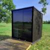 Picture of Modern Black Slatted Outdoor Sauna with Heater, Full-Length Tinted Glass Door, Solid Wood
