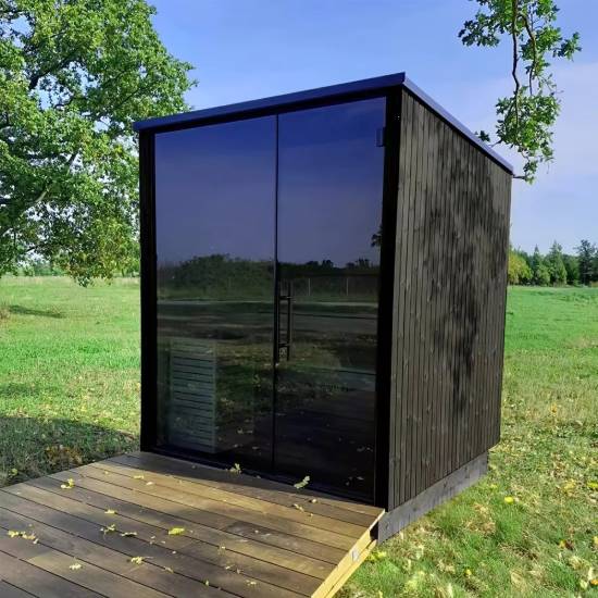 Picture of Modern Black Slatted Outdoor Sauna with Heater, Full-Length Tinted Glass Door, Solid Wood