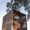 Picture of Modern Black Slatted Outdoor Sauna with Heater, Full-Length Tinted Glass Door, Solid Wood