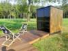 Picture of Modern Black Slatted Outdoor Sauna with Heater, Full-Length Tinted Glass Door, Solid Wood