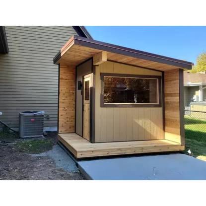 Picture of Traditional Beige Pine Outdoor Sauna, Sloped Roof, Viewing Window, Wood-Fired Heater