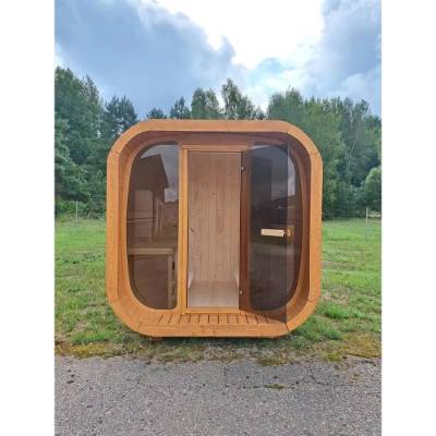 Rustic Outdoor Oval Wooden Sauna with Full Glass Panel for Villas and Resorts