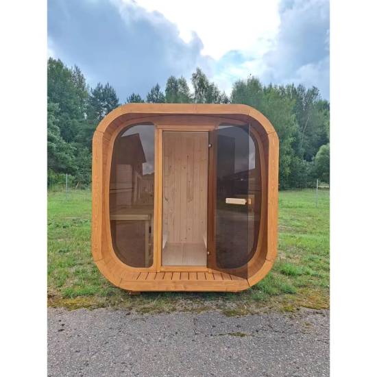 Picture of Rustic Outdoor Oval Wooden Sauna with Full Glass Panel for Villas and Resorts