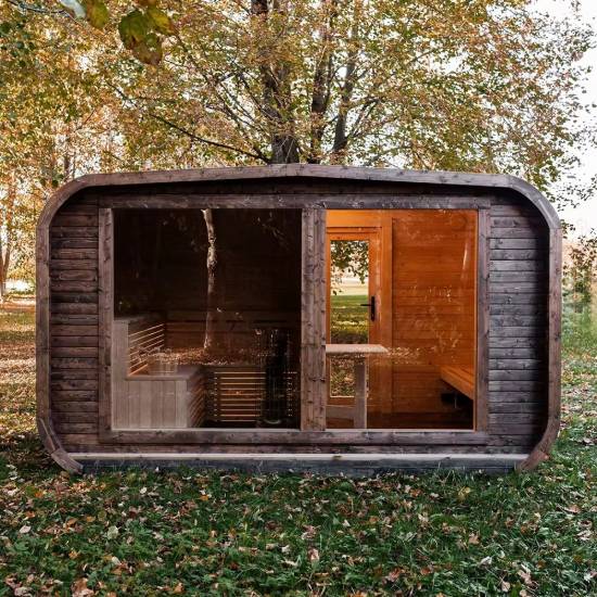 Picture of Solid Redwood Wood-Fired Outdoor Sauna with Panoramic Glass, Two-Zone Design, Weatherproof