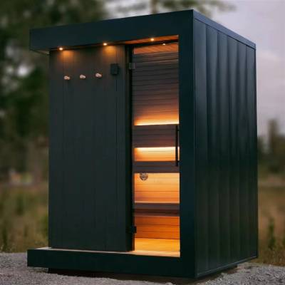 Cube Outdoor Wood-Fired Sauna in Deep Forest Green, Vertical Timber Cladding, Narrow Glass Door